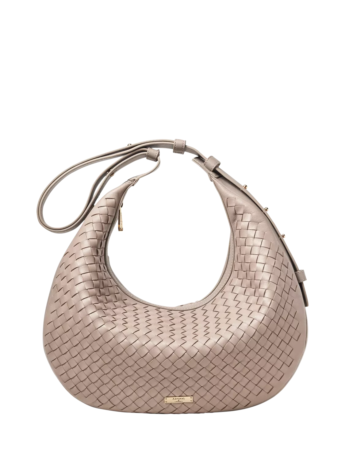 Aspinal of London taupe crescent shoulder bag with slot weave (British brand)