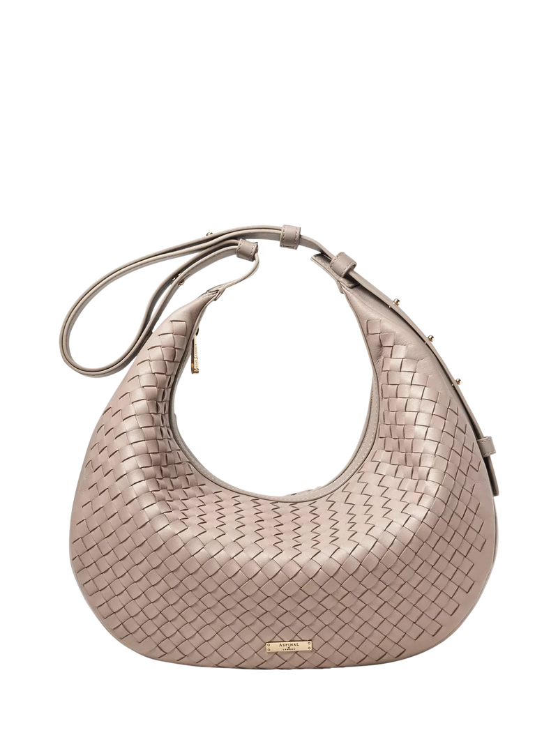 Aspinal of London taupe crescent shoulder bag with slot weave (British brand)