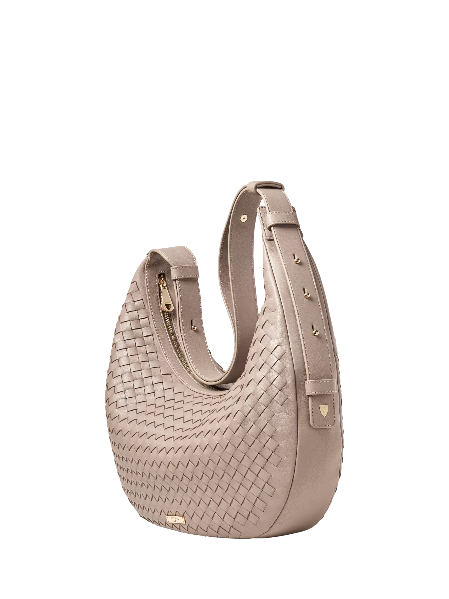 Aspinal of London taupe crescent shoulder bag with slot weave (British brand)