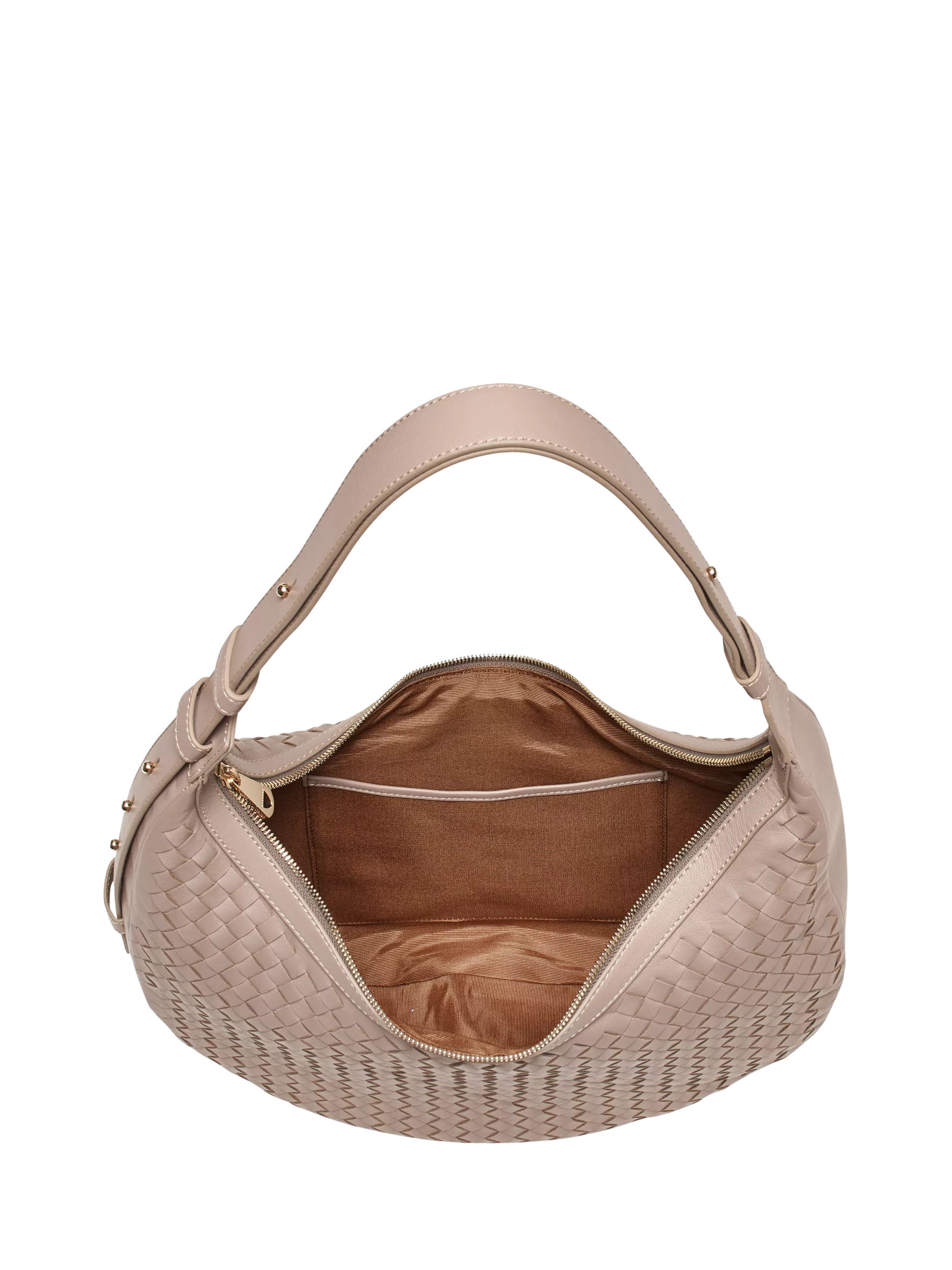 Aspinal of London taupe crescent shoulder bag with slot weave (British brand)