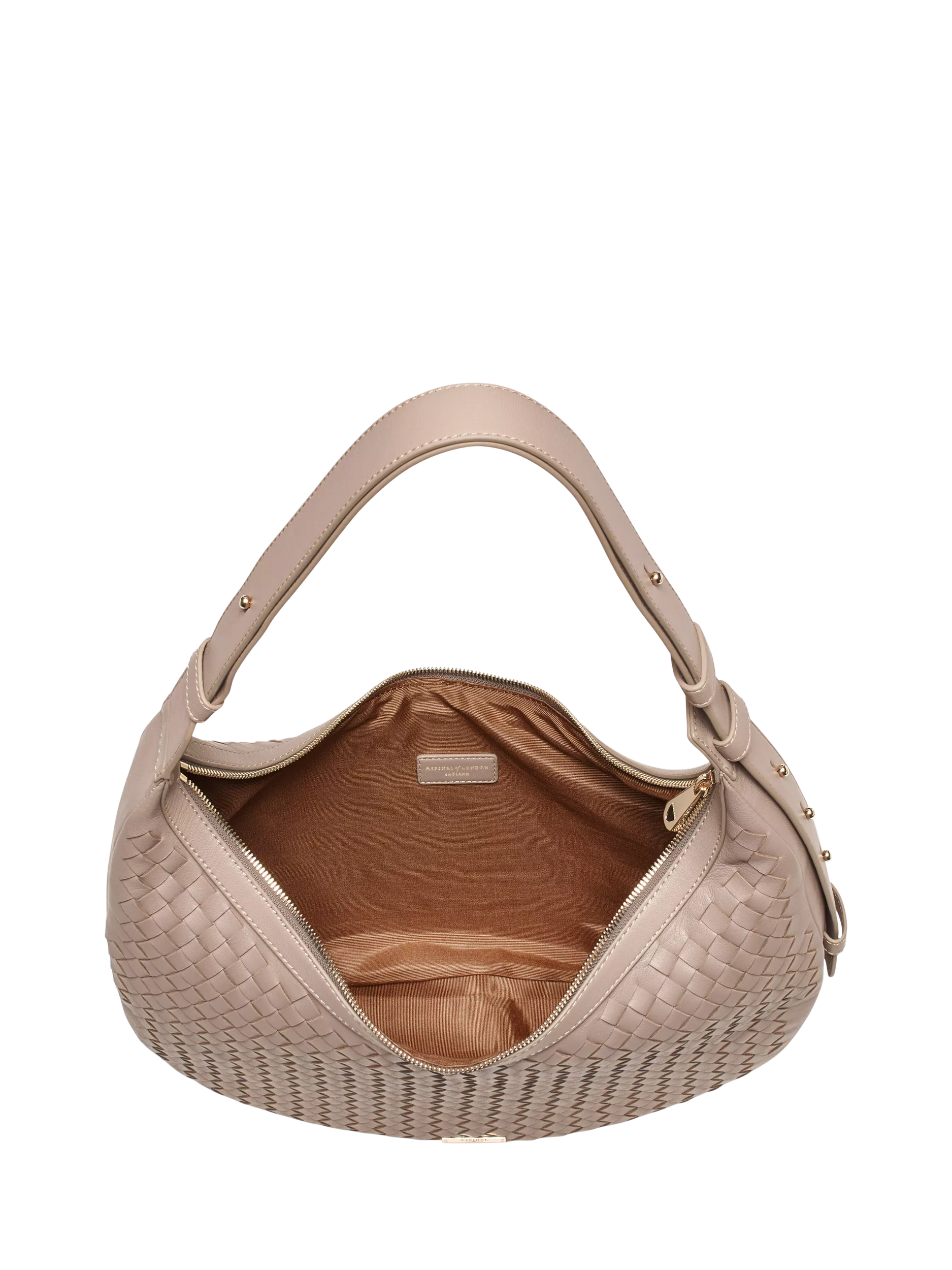 Aspinal of London taupe crescent shoulder bag with slot weave (British brand)