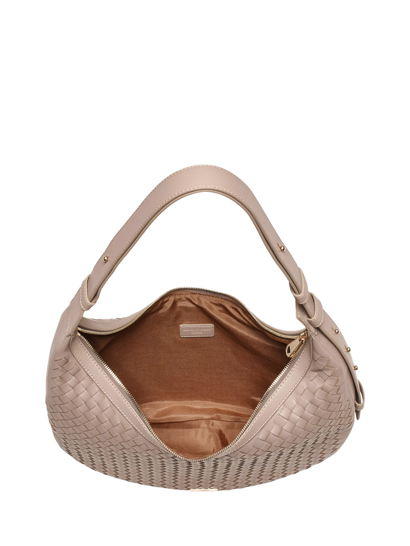 Aspinal of London taupe crescent shoulder bag with slot weave (British brand)