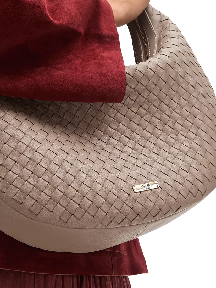 Aspinal of London taupe crescent shoulder bag with slot weave (British brand)