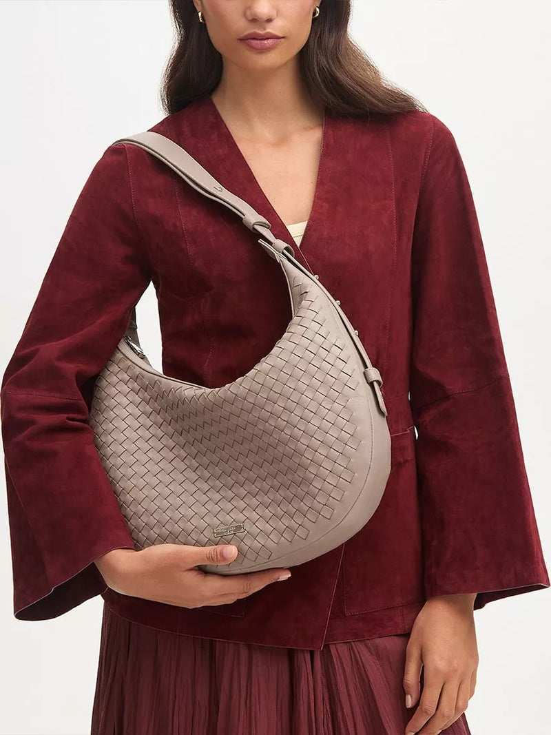 Aspinal of London taupe crescent shoulder bag with slot weave (British brand)