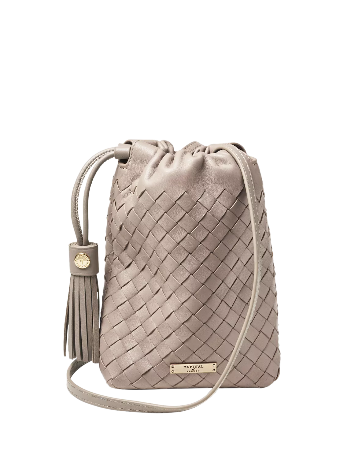 Aspinal of London Soho Slot Weave crossbody pouch taupe, imported from the UK