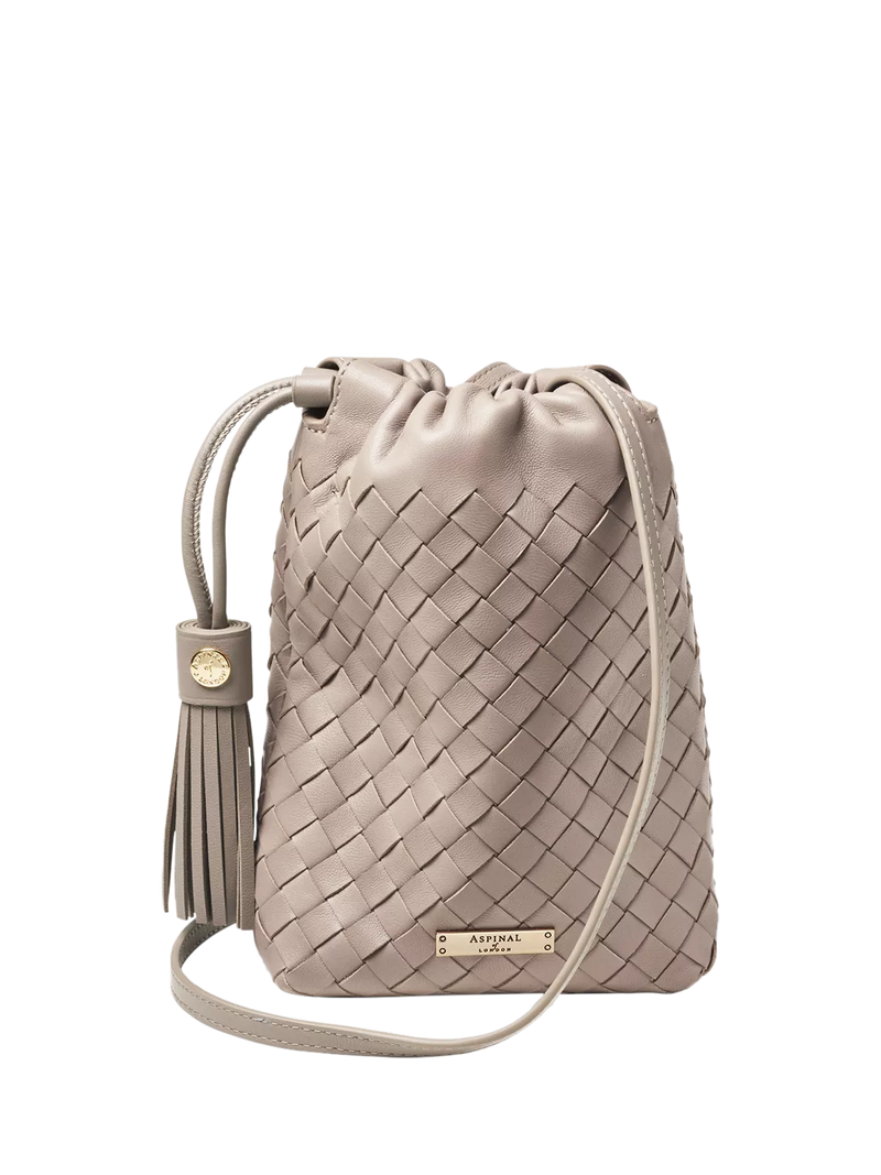 Aspinal of London Soho Slot Weave crossbody pouch taupe, imported from the UK