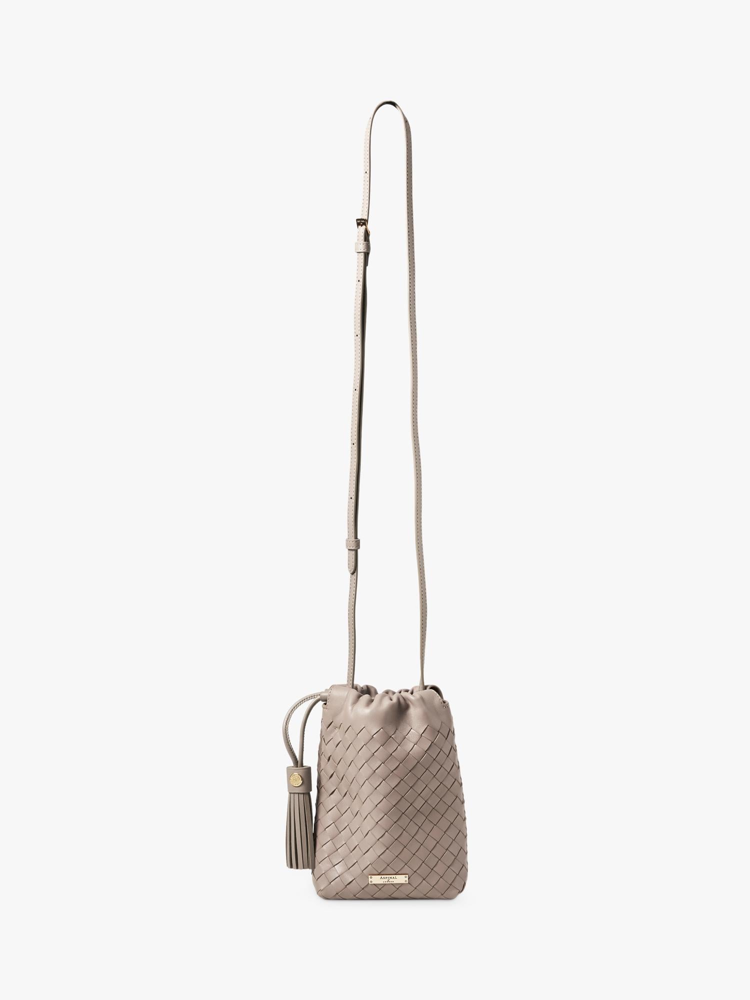 Aspinal of London Soho Slot Weave crossbody pouch taupe, imported from the UK