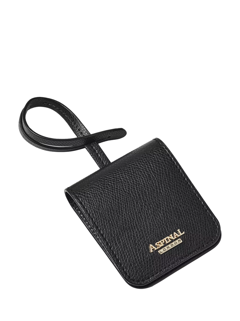 Aspinal of London black leather luggage tag, imported from the UK