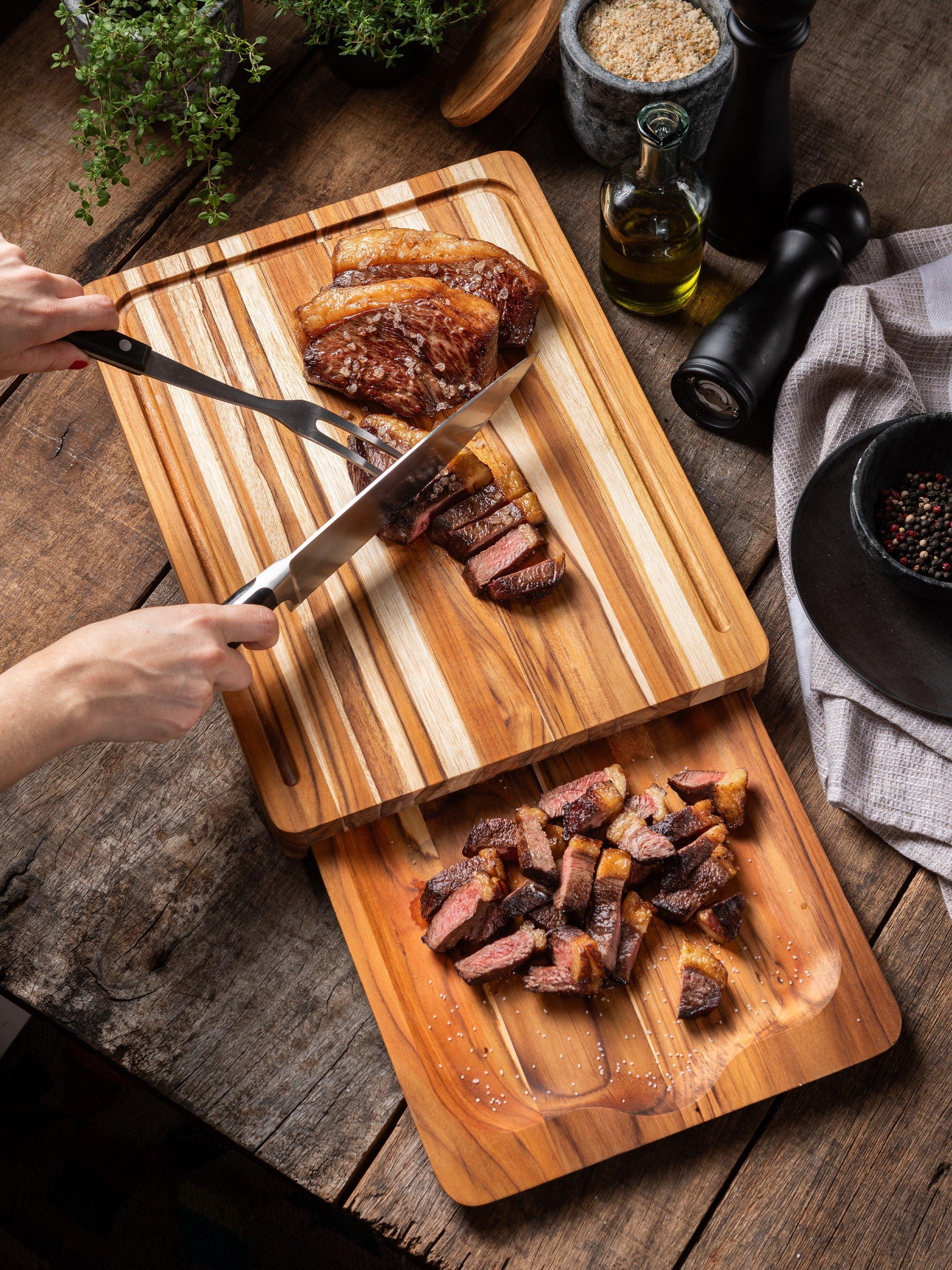Tramontina teak wood slicing board with juice grooves - imported from the UK