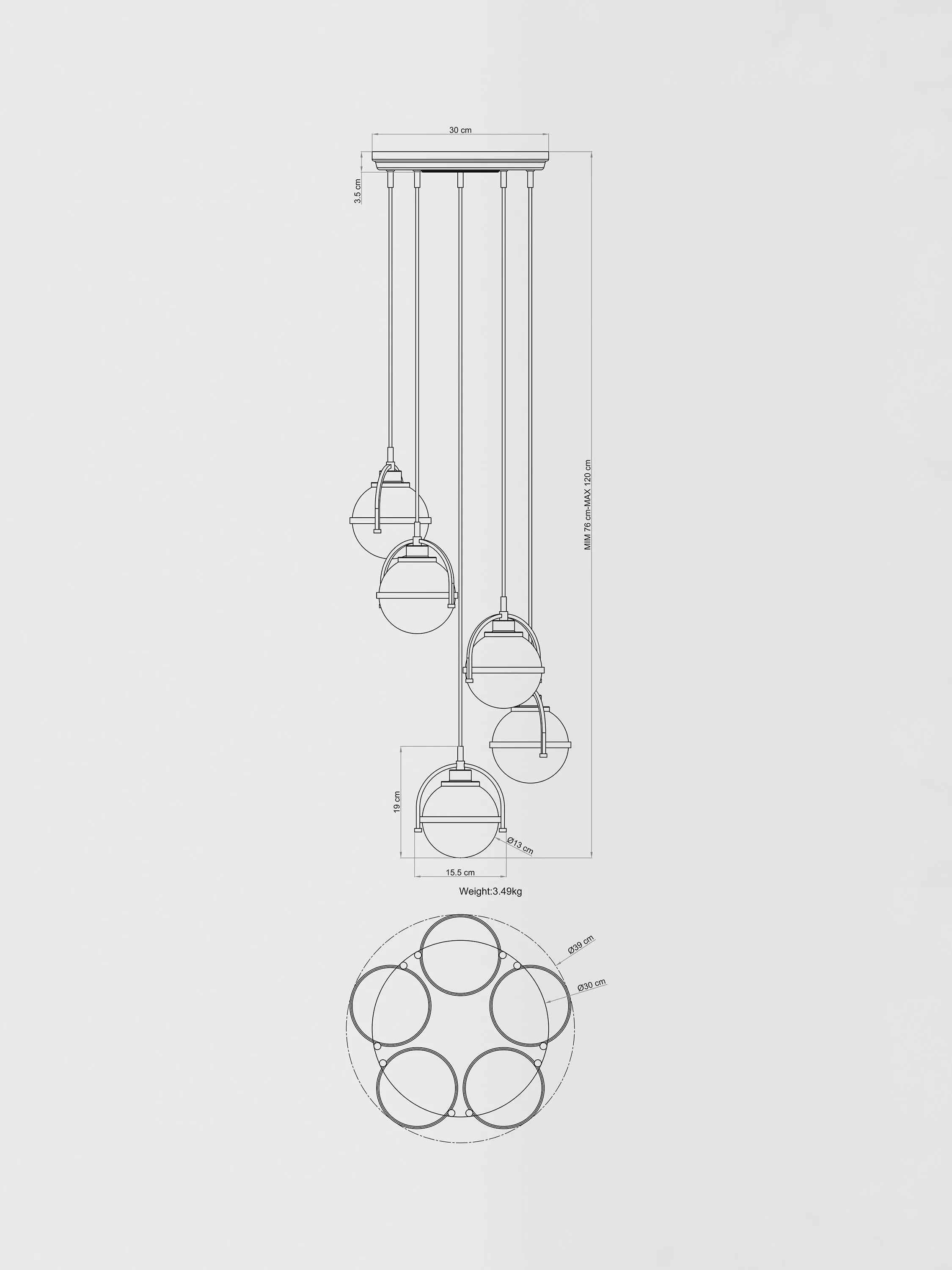 John Lewis Contour 5 pendant cluster ceiling light matt antique brass - British product