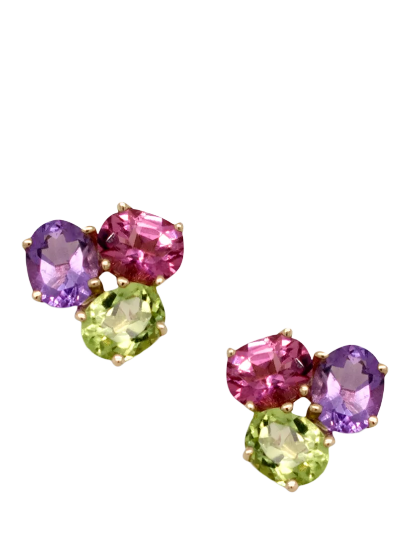 E.W Adams stud earrings amethyst peridot pink tourmaline 9ct yellow gold, UK version
