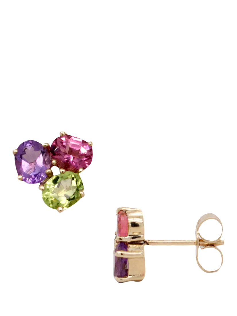 E.W Adams stud earrings amethyst peridot pink tourmaline 9ct yellow gold, UK version