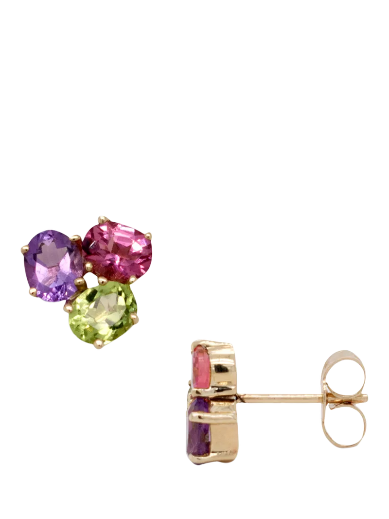 E.W Adams stud earrings amethyst peridot pink tourmaline 9ct yellow gold, UK version
