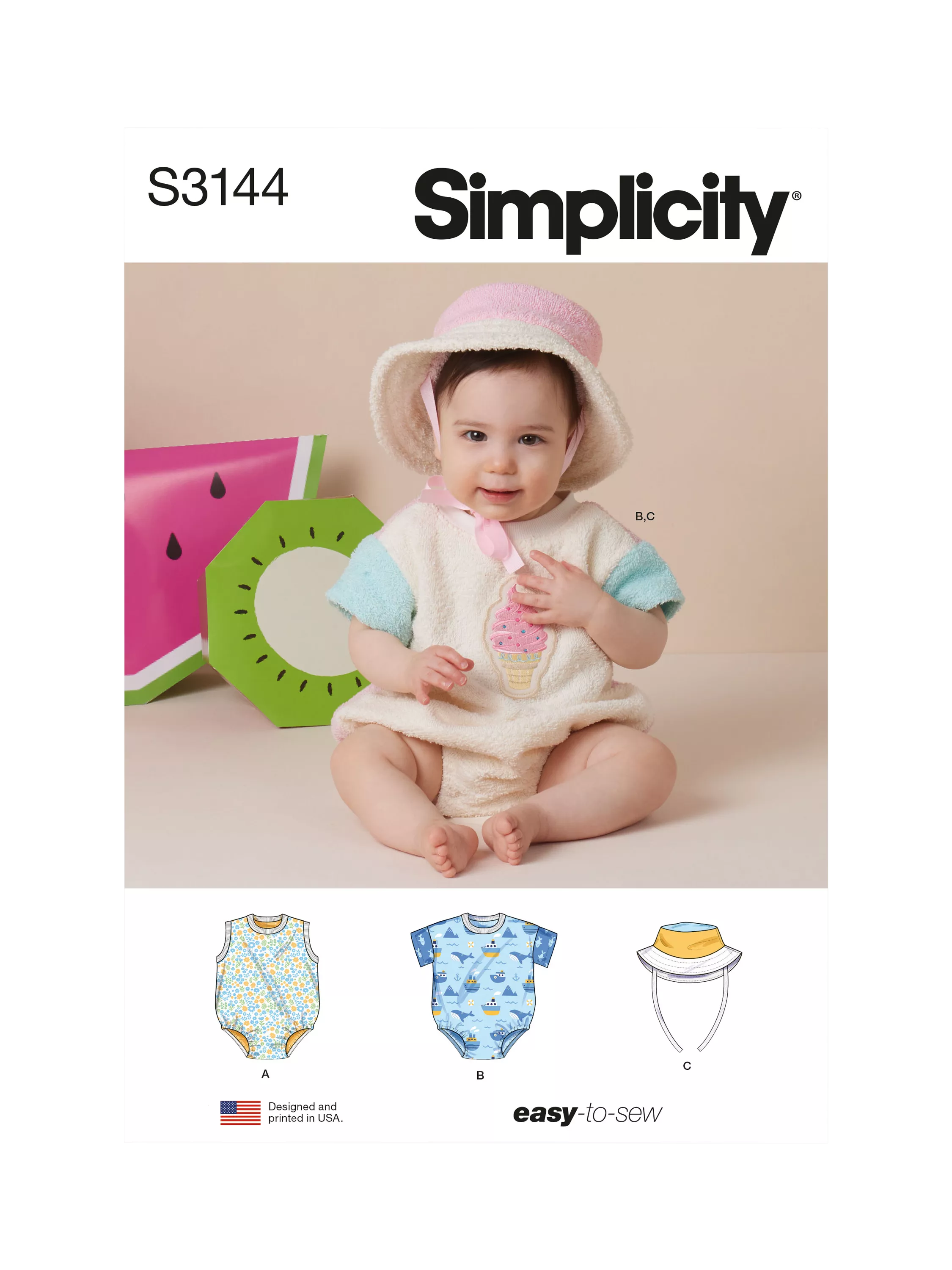 Simplicity baby bodysuit and bucket hat sewing pattern S3144 - British product