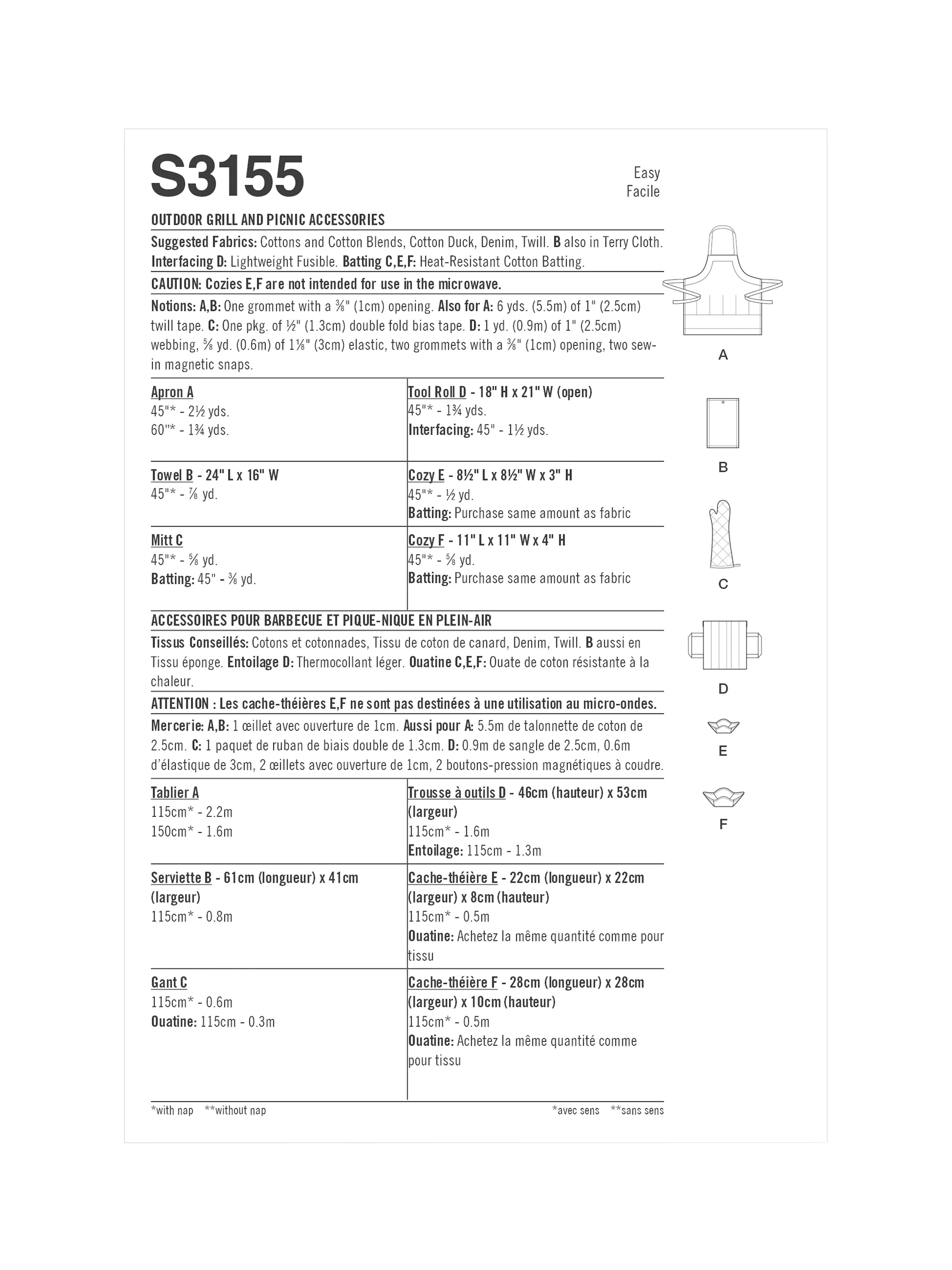 Simplicity S3155 sewing pattern for outdoor grill accessories, UK version