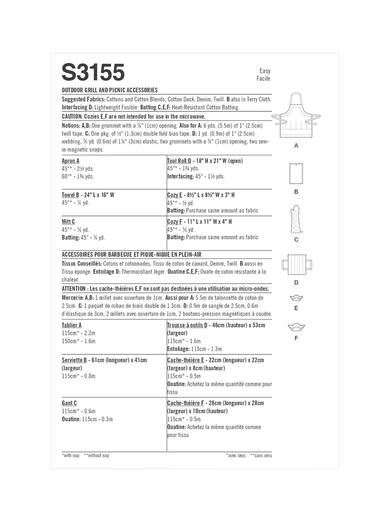 Simplicity S3155 sewing pattern for outdoor grill accessories, UK version