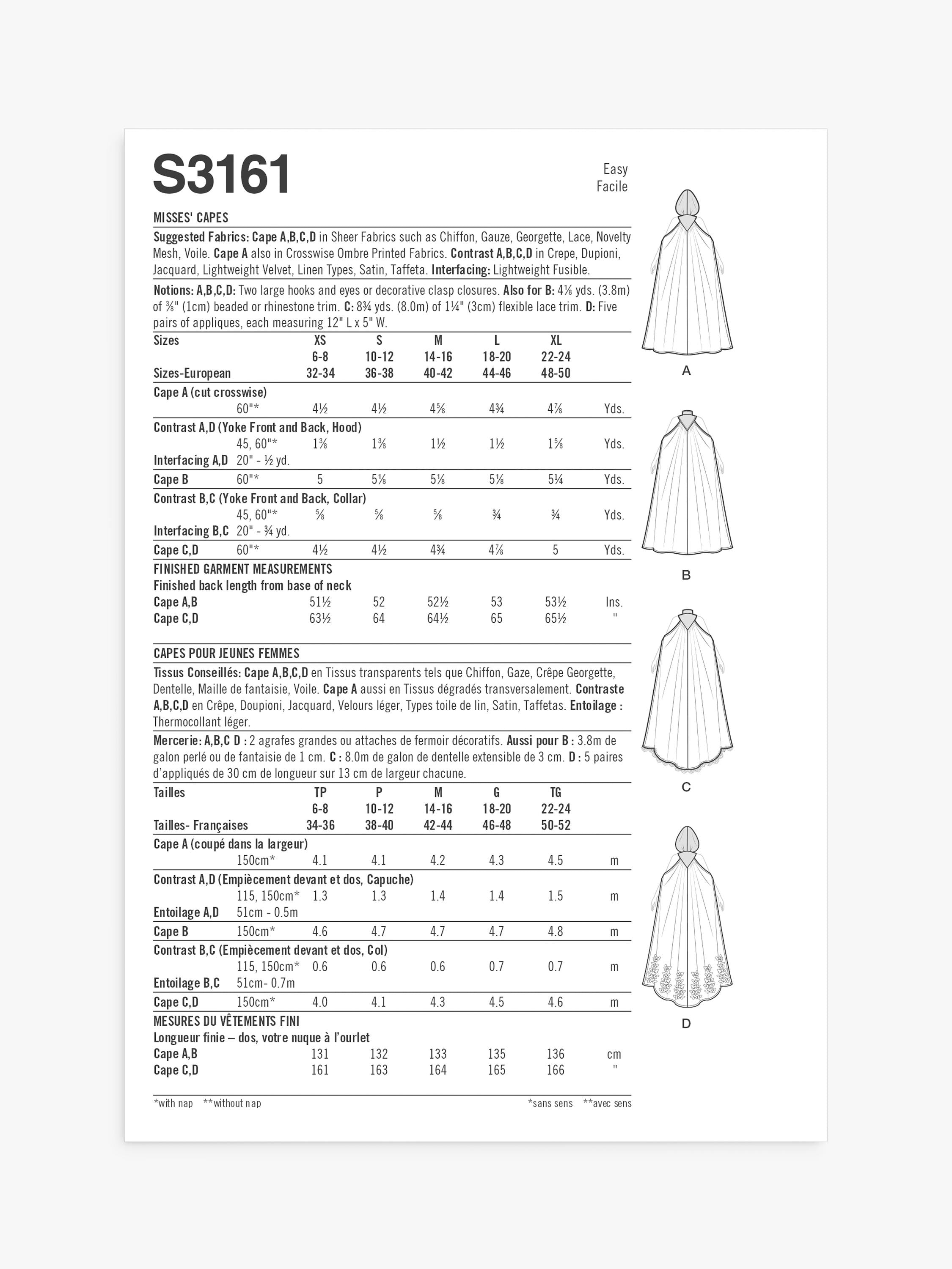 Simplicity sewing pattern Misses Capes S3161 (British brand)