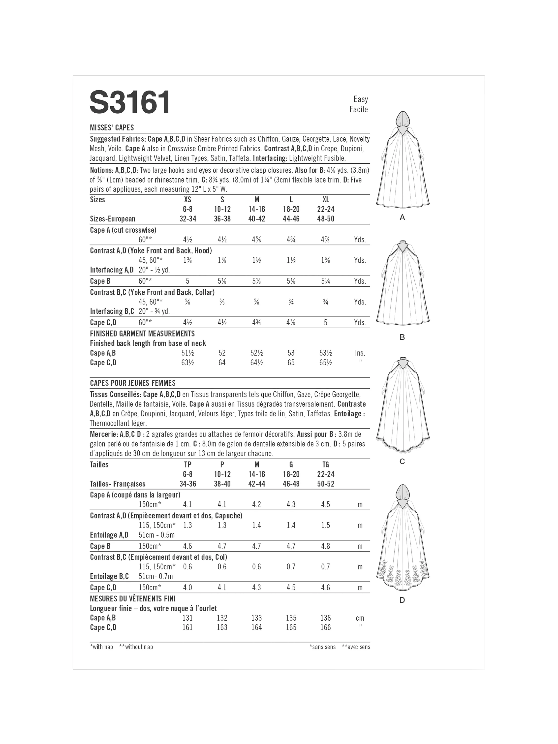 Simplicity sewing pattern Misses Capes S3161 (British brand)