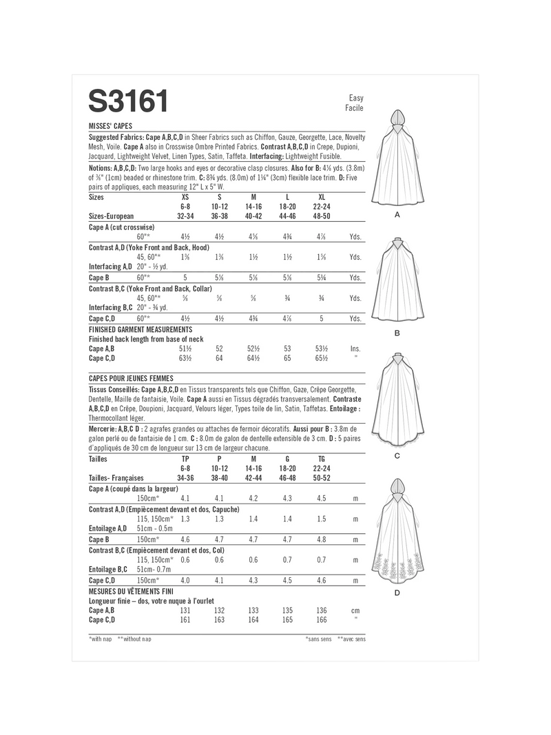 Simplicity sewing pattern Misses Capes S3161 (British brand)