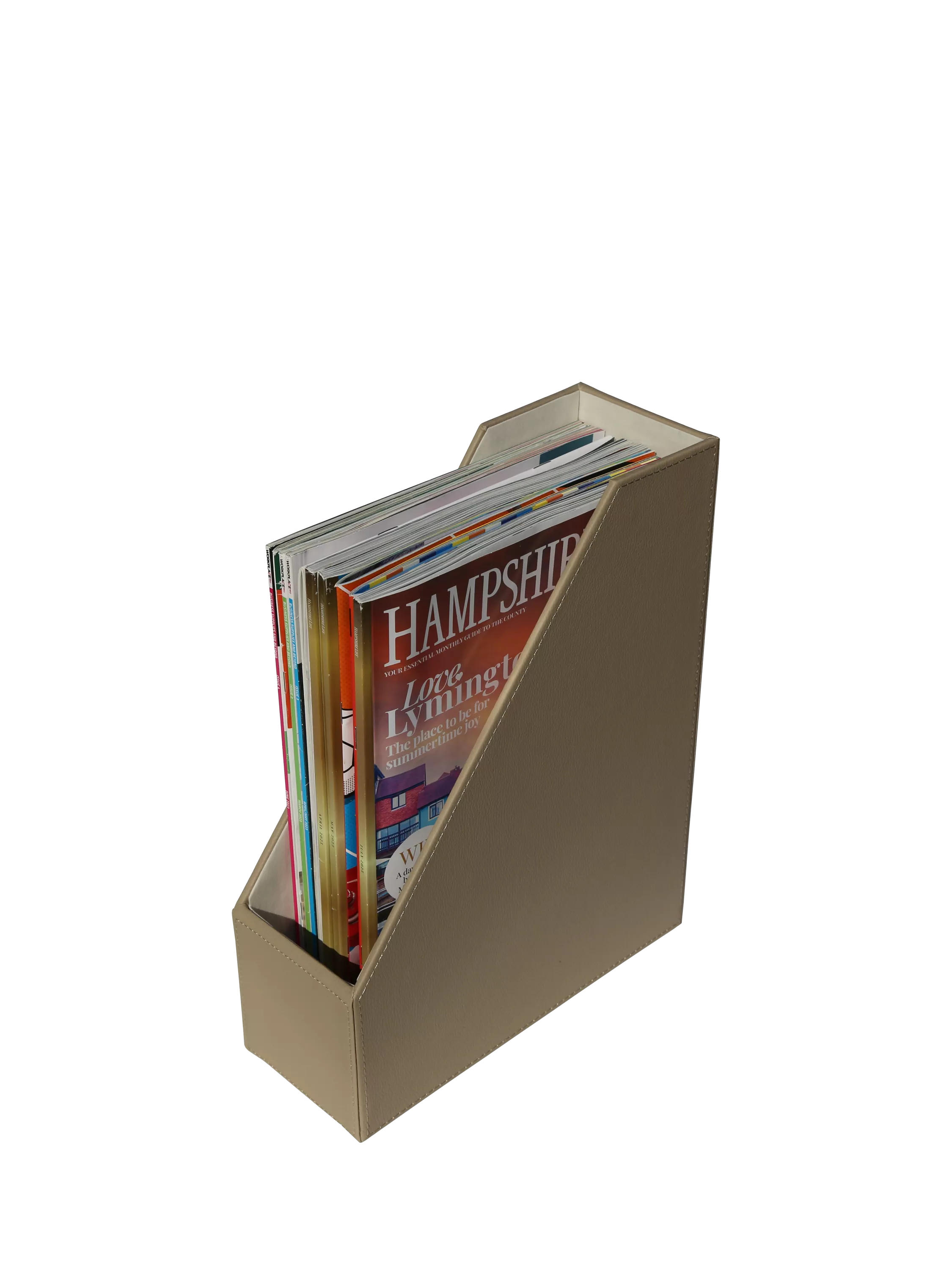 Osco faux leather light taupe magazine holder, UK version
