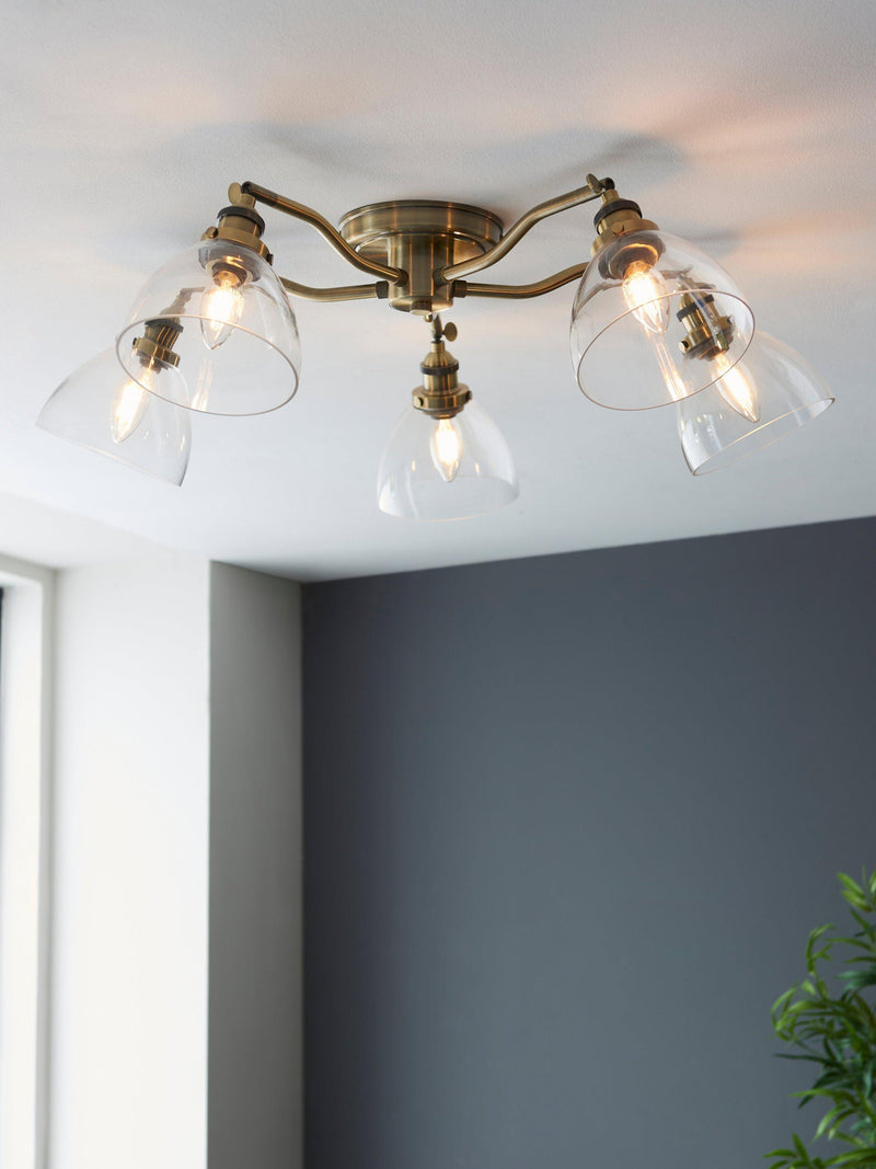 Bay Lighting 5 arm semi flush ceiling light metallic brass, UK version