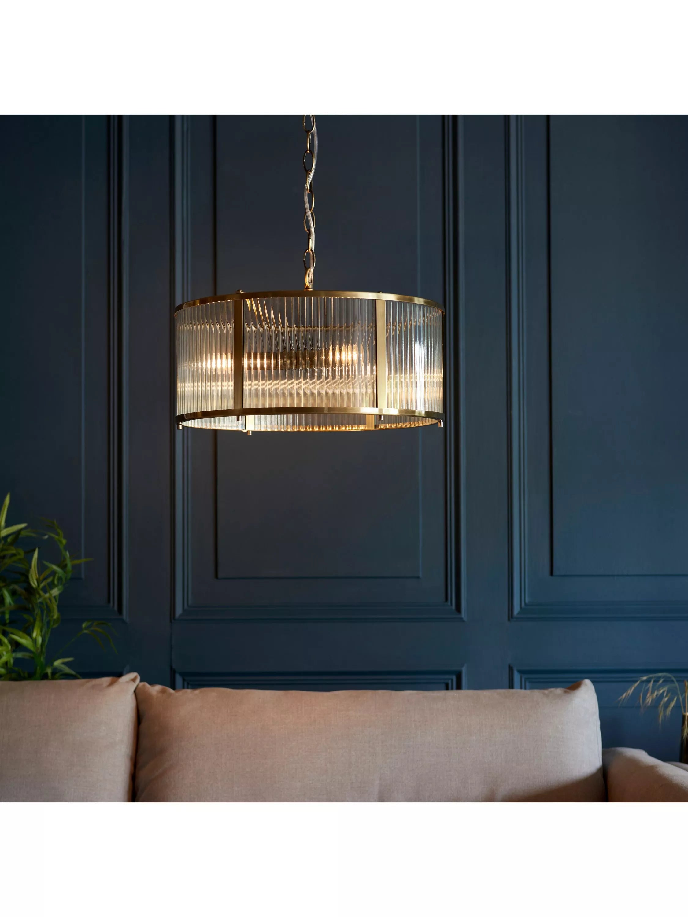 Bay Lighting Rika pendant light ribbed glass brass effect, UK version