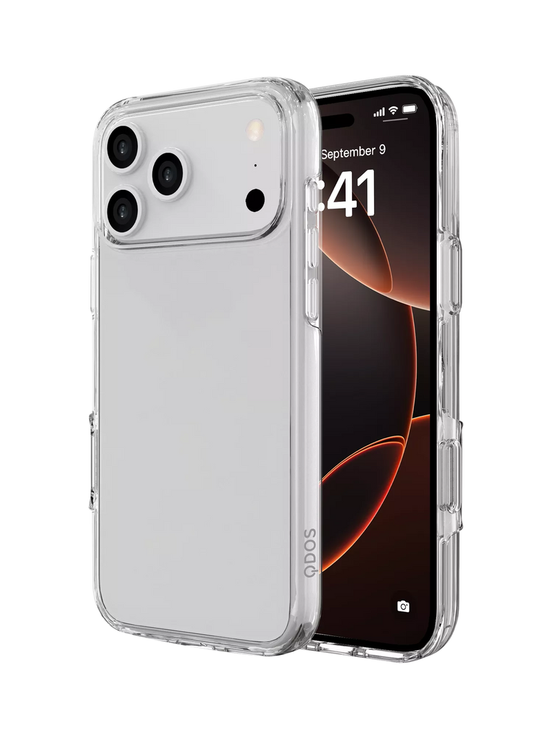 QDOS hybrid case for iPhone 17 Pro Max clear - British product
