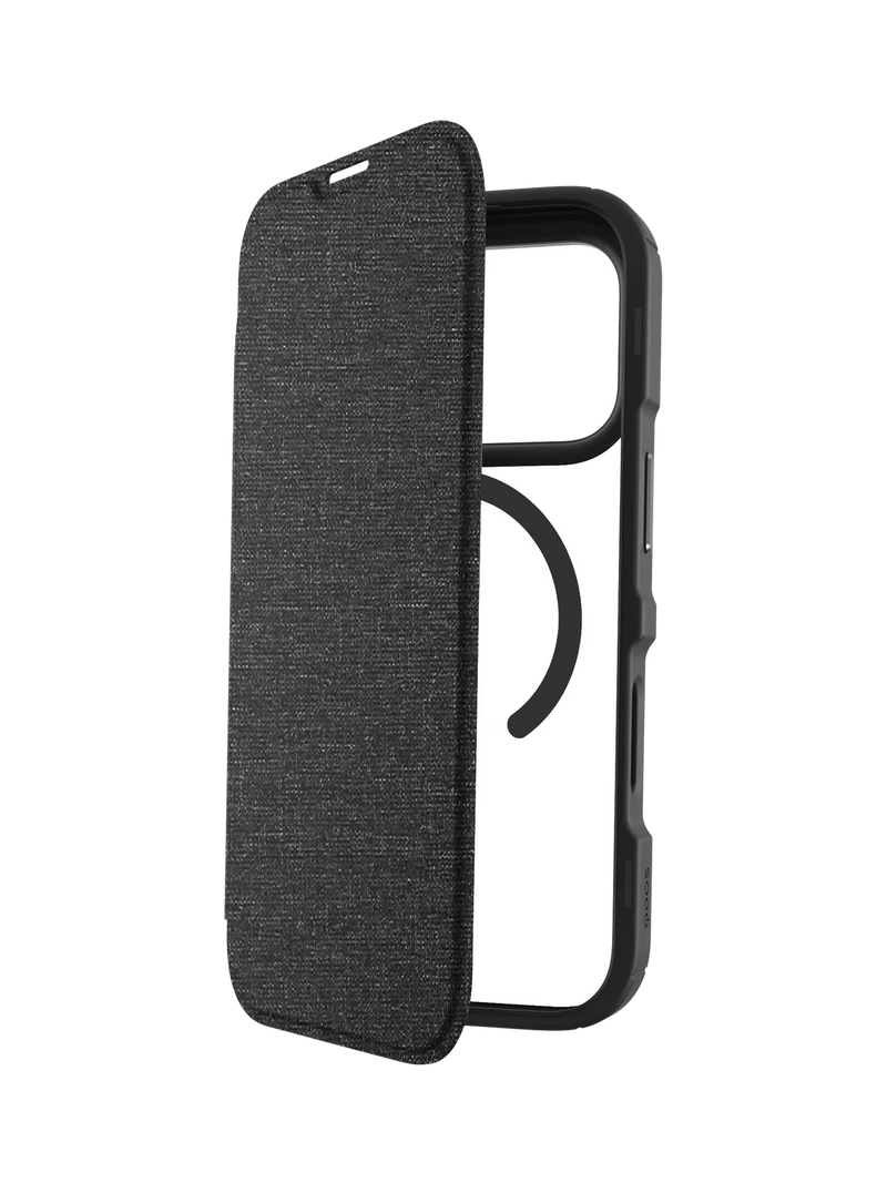QDOS iPhone 17 Pro folio case in clear and black, UK version