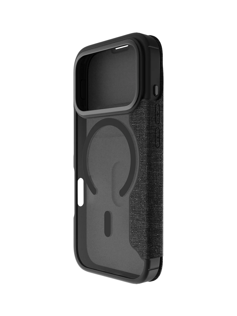 QDOS iPhone 17 Pro folio case in clear and black, UK version
