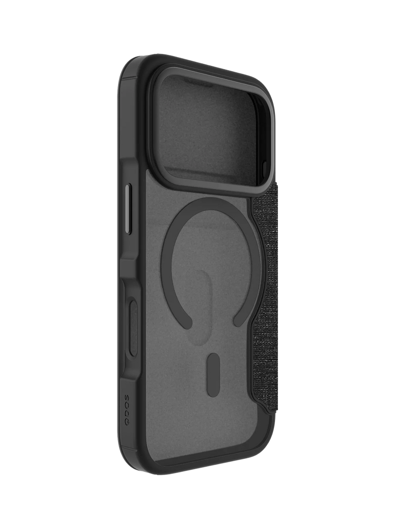 QDOS iPhone 17 Pro folio case in clear and black, UK version