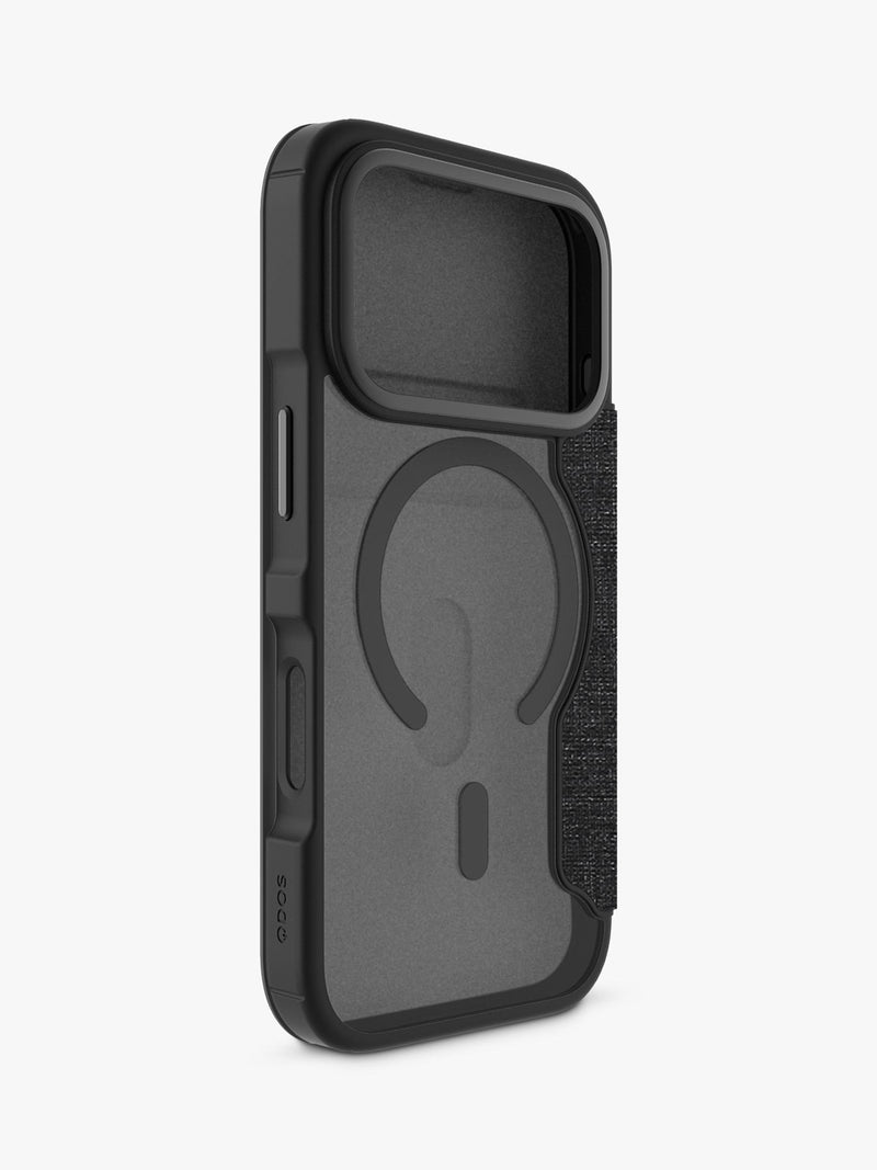 QDOS iPhone 17 Pro folio case in clear and black, UK version