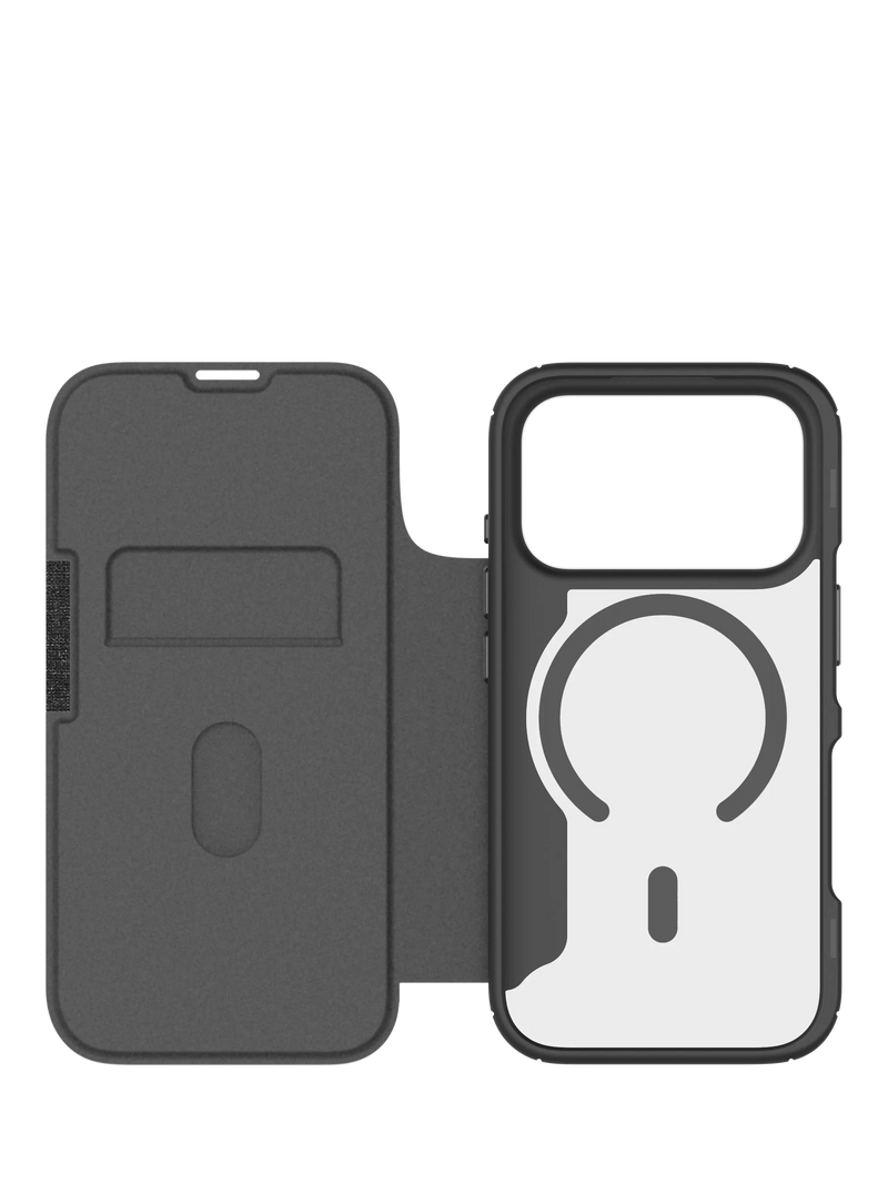 QDOS iPhone 17 Pro folio case in clear and black, UK version