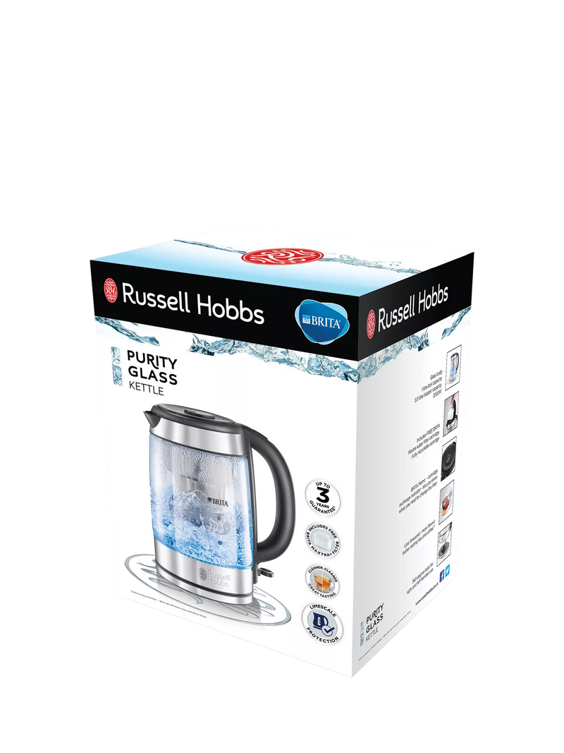 Russell Hobbs Glass Kettle Silver 1L, imported from the UK