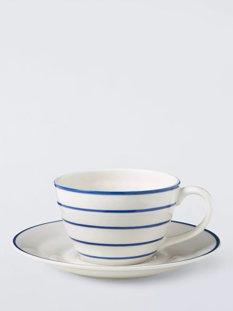 John Lewis Harbour blue stripe stoneware teacup saucer 250ml (British brand)