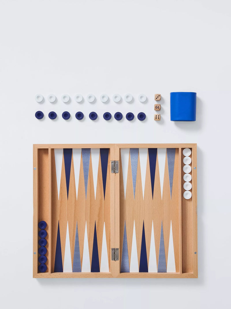John Lewis wooden backgammon set with checkers and dice, imported from the UK