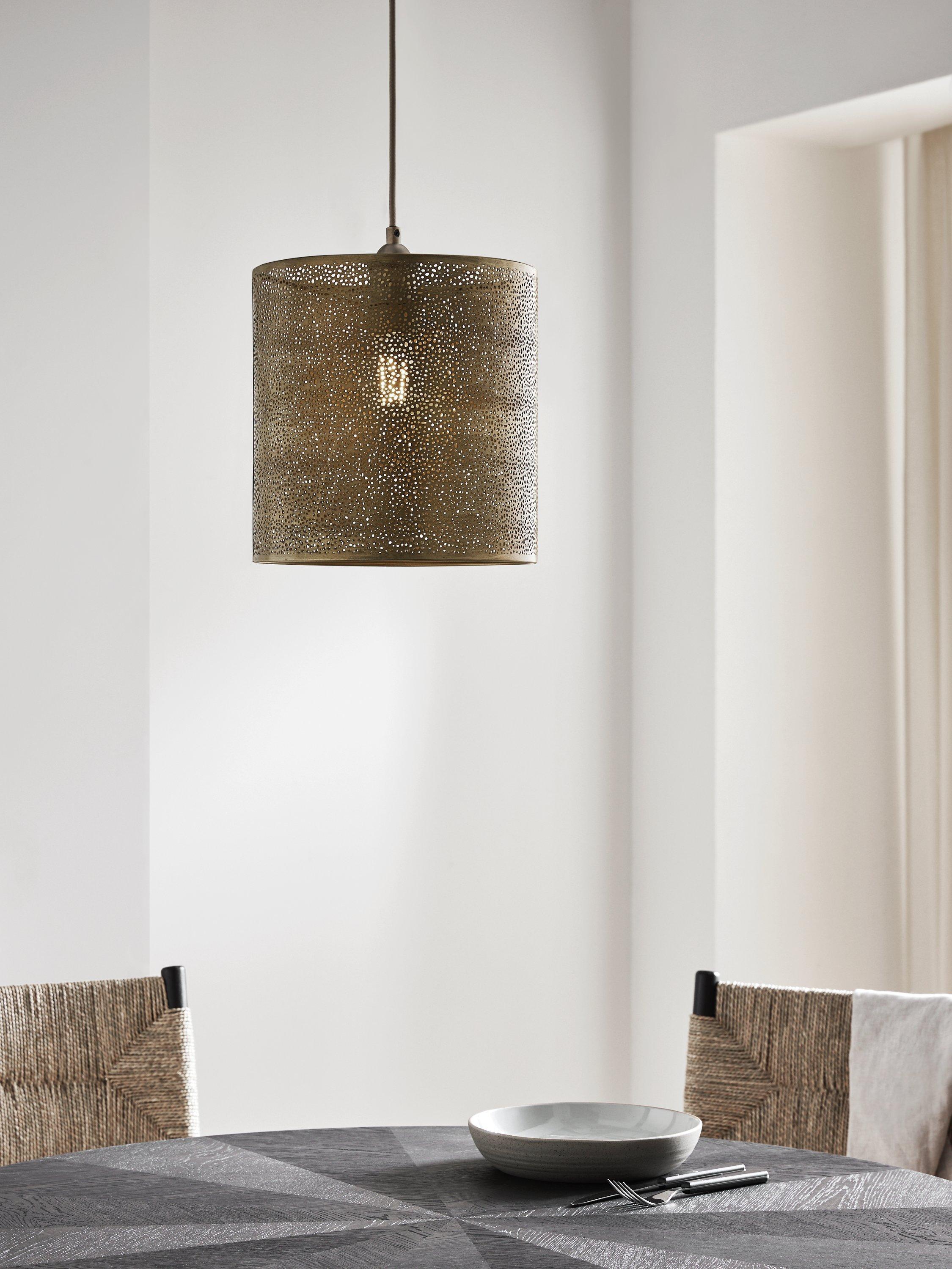 John Lewis etched long drum lampshade antique brass 40cm, imported from the UK
