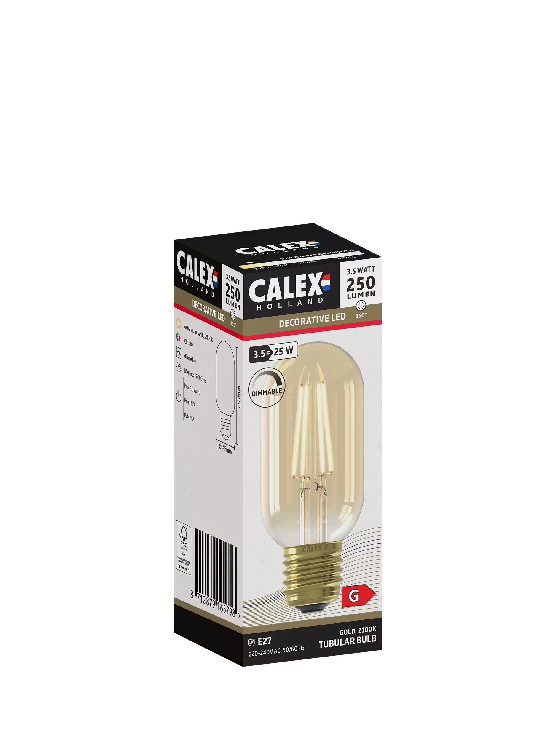 Calex decorative filament LED bulb gold tubular 3.5W, imported from the UK