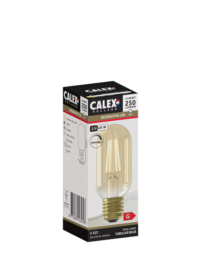 Calex decorative filament LED bulb gold tubular 3.5W, imported from the UK