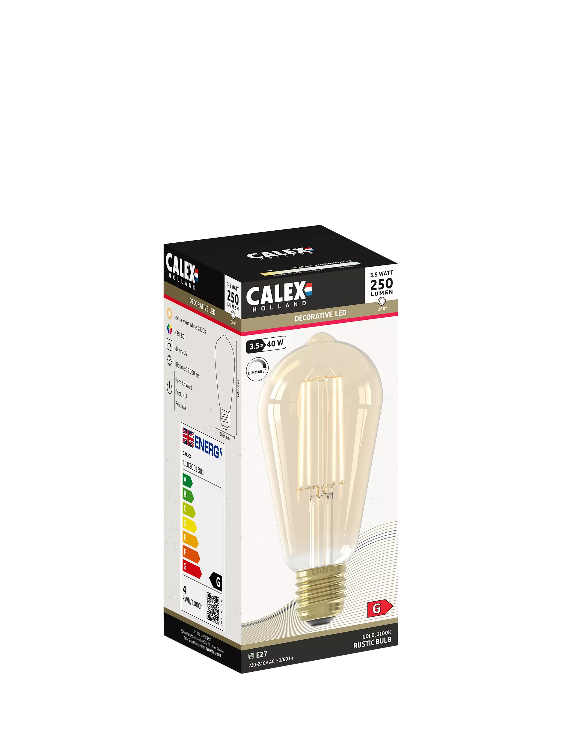 Calex decorative filament LED bulb gold tint E27, imported from the UK