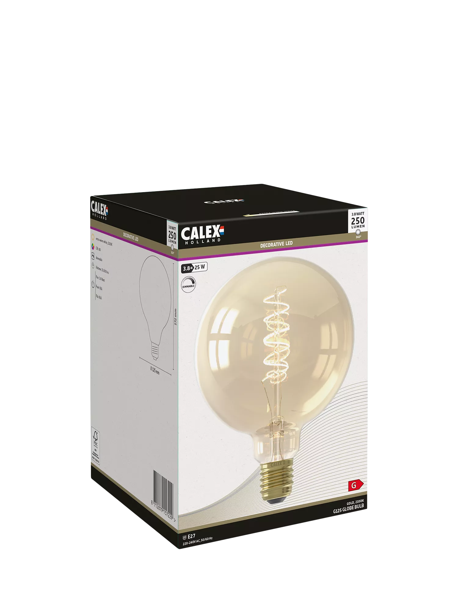 Calex LED bulb 3.8W curly filament E27 globe G125, imported from the UK