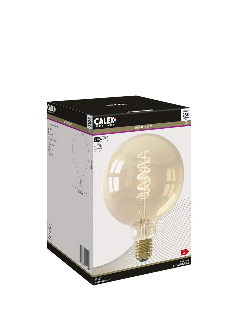 Calex LED bulb 3.8W curly filament E27 globe G125, imported from the UK