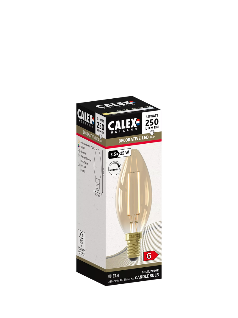 Calex 3.5W decorative LED candle bulb gold filament, imported from the UK