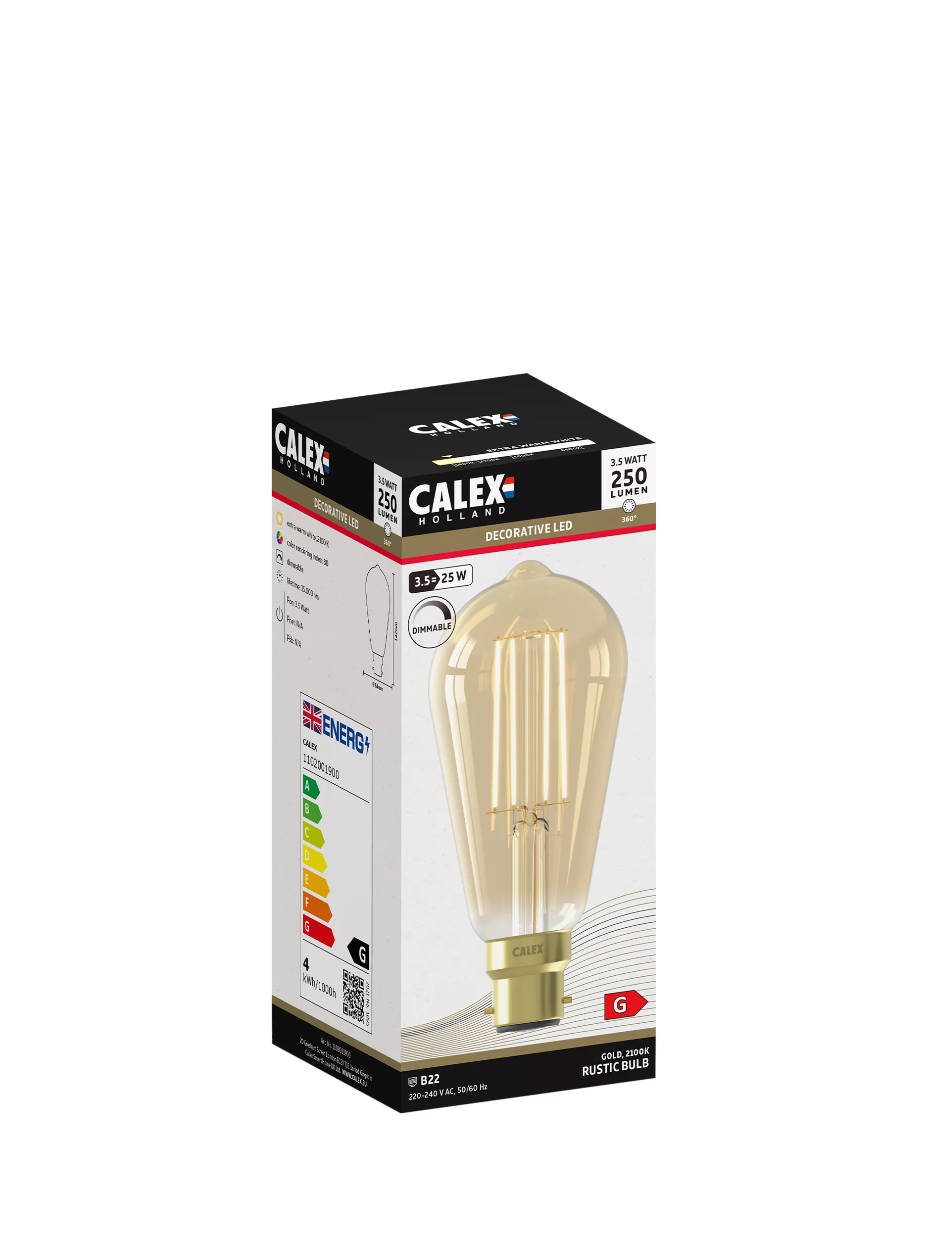 Calex decorative filament LED bulb rustic gold 3.5W, imported from the UK