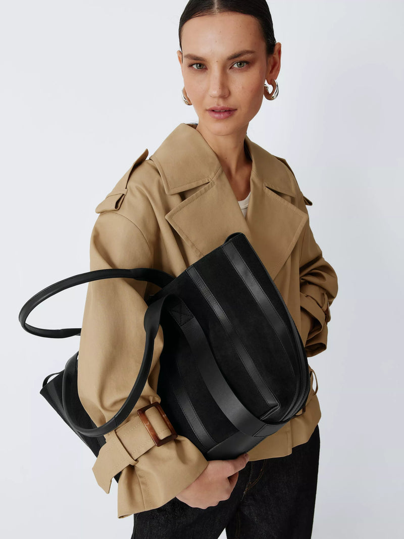 John Lewis Luxe Stripe Tote Bag Black suede leather - British product