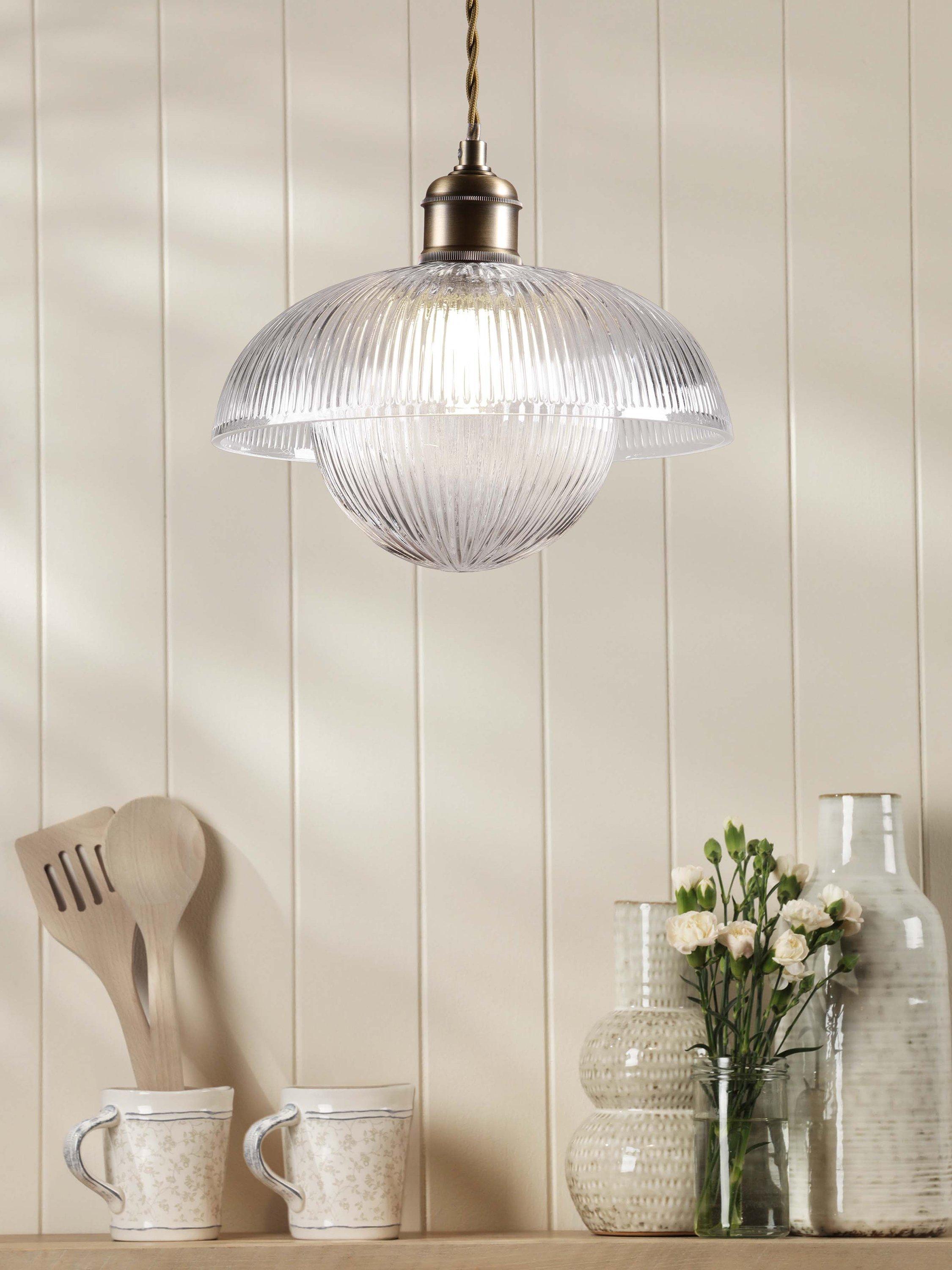 Laura Ashley ribbed glass pendant light antique brass, UK version