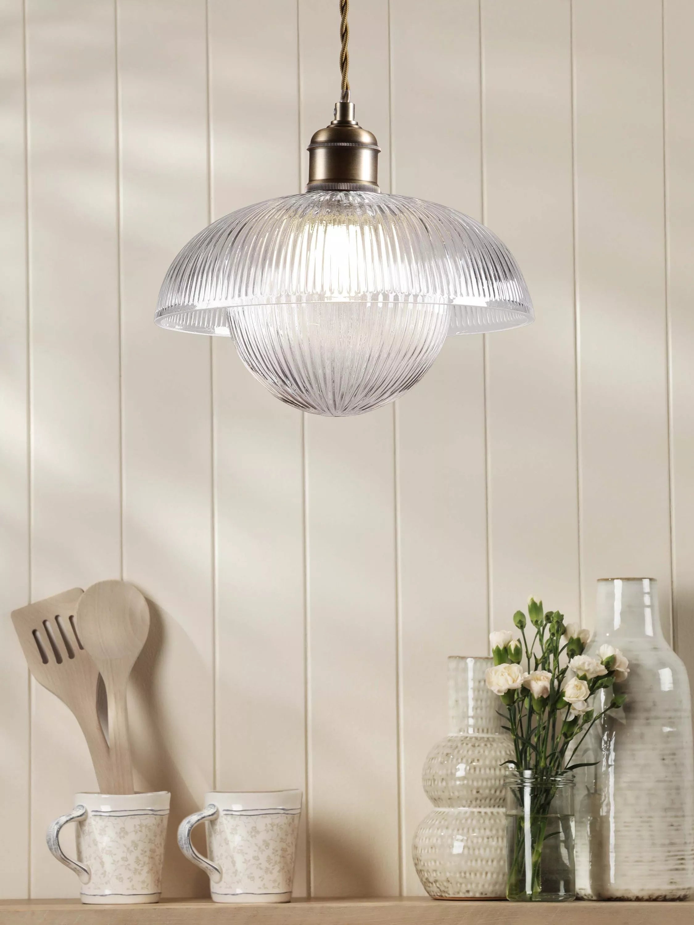 Laura Ashley ribbed glass pendant light antique brass, UK version