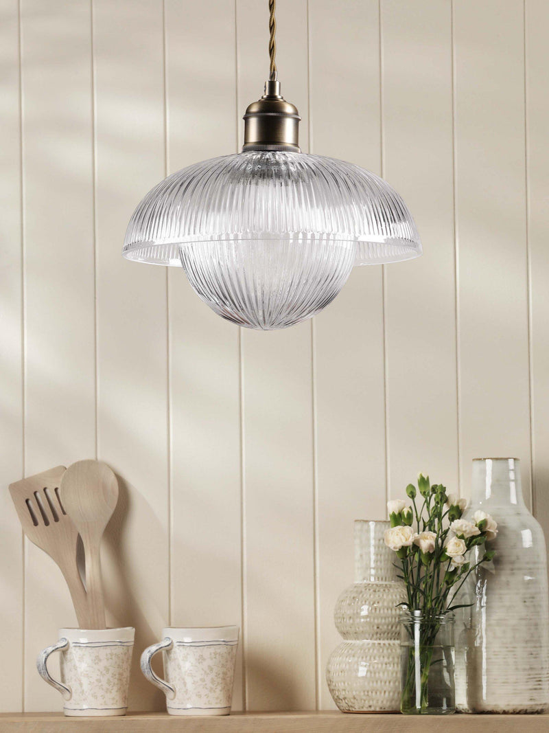 Laura Ashley ribbed glass pendant light antique brass, UK version