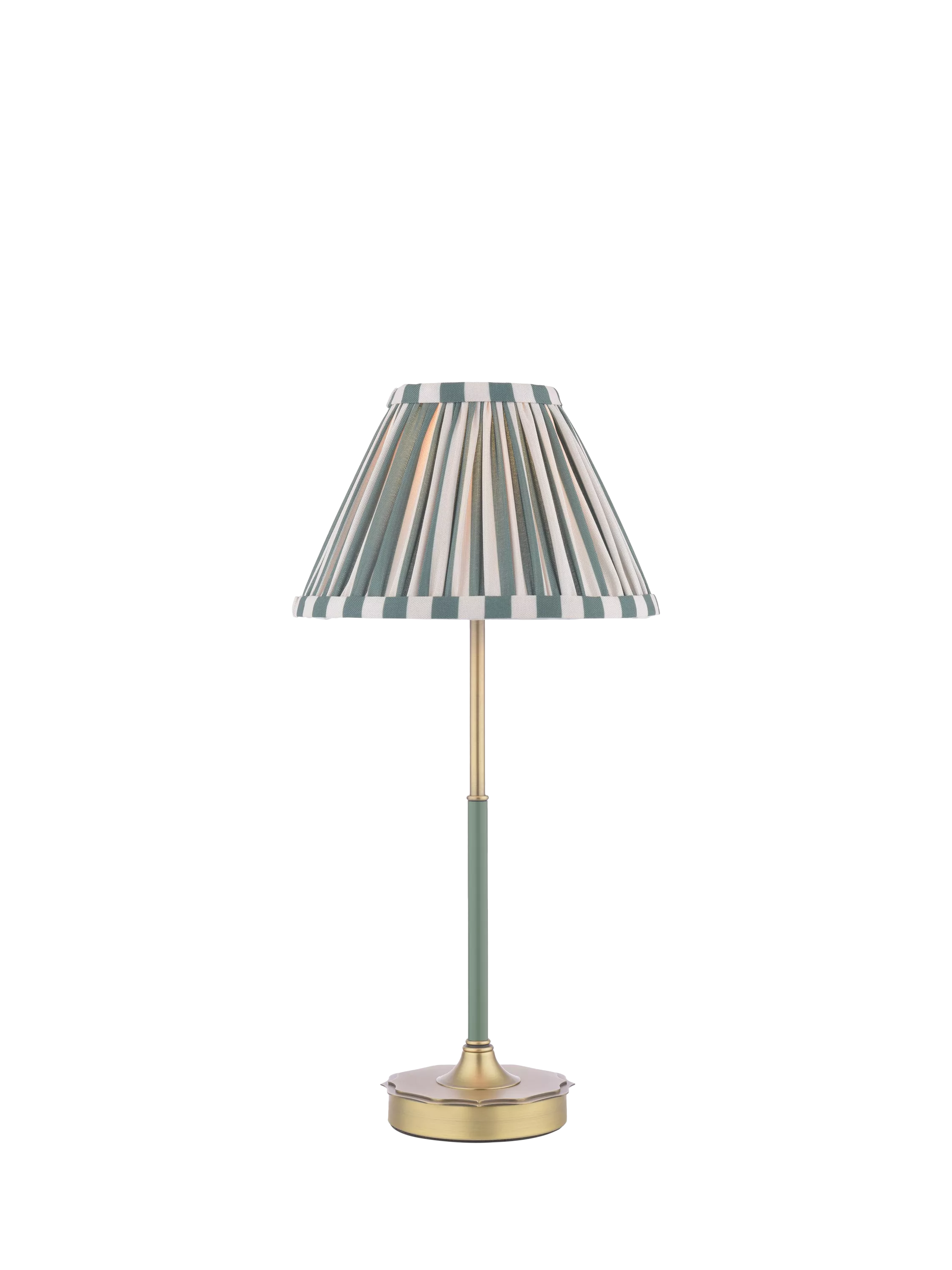 Laura Ashley Denwick pleat stripe table lamp olive green, imported from the UK