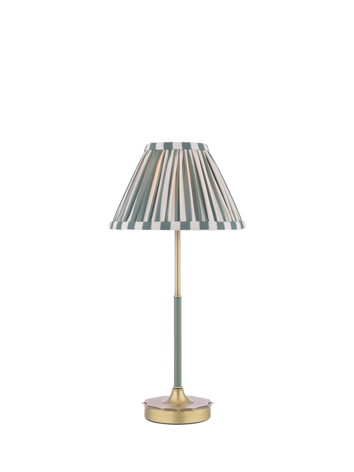 Laura Ashley Denwick pleat stripe table lamp olive green, imported from the UK