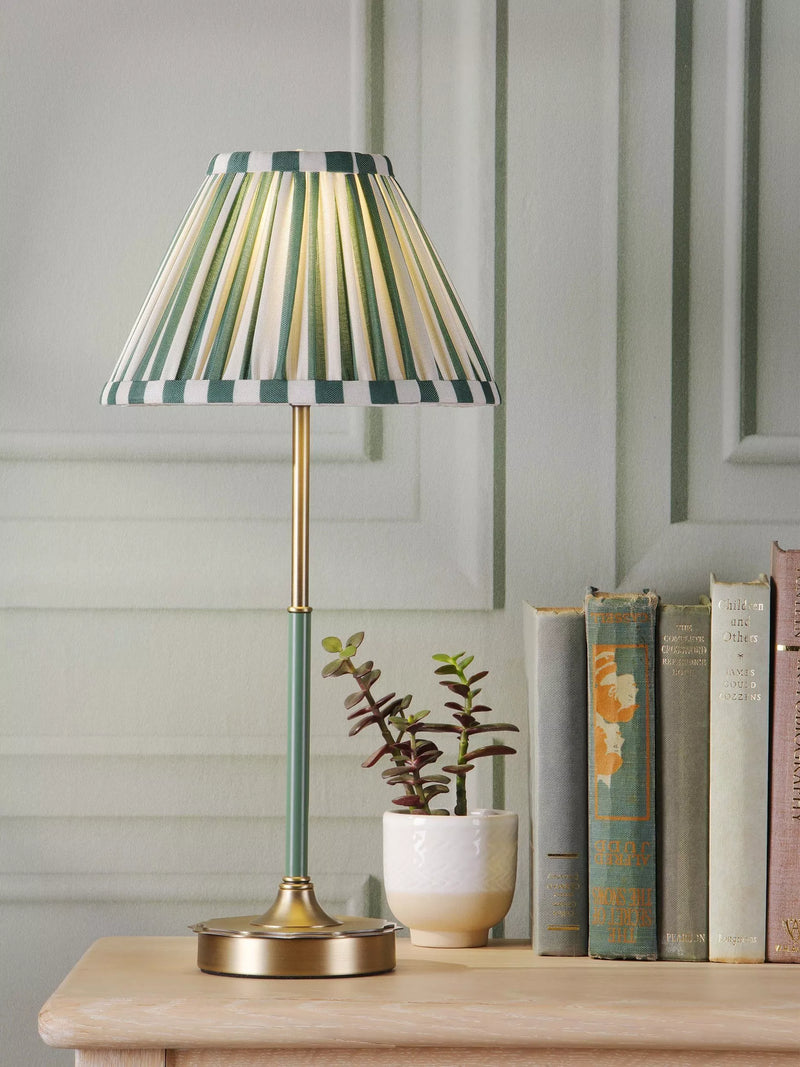 Laura Ashley Denwick pleat stripe table lamp olive green, imported from the UK
